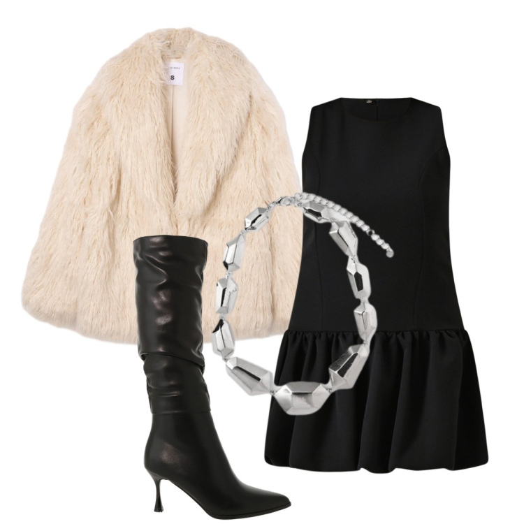 Outfit donna - Ultima notte di dicembre. Stile Glamour per Serata fuori. Abbinamento con vestiti senza maniche, ecopellicce, stivali sopra il ginocchio, ciondoli.