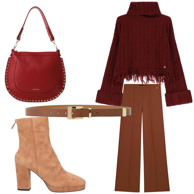 Outfit donna - Natale a casa di amici. Stile Casual per Serata fuori. Abbinamento con stivaletti, maglieria, cinture, borse a spalla, pantaloni.