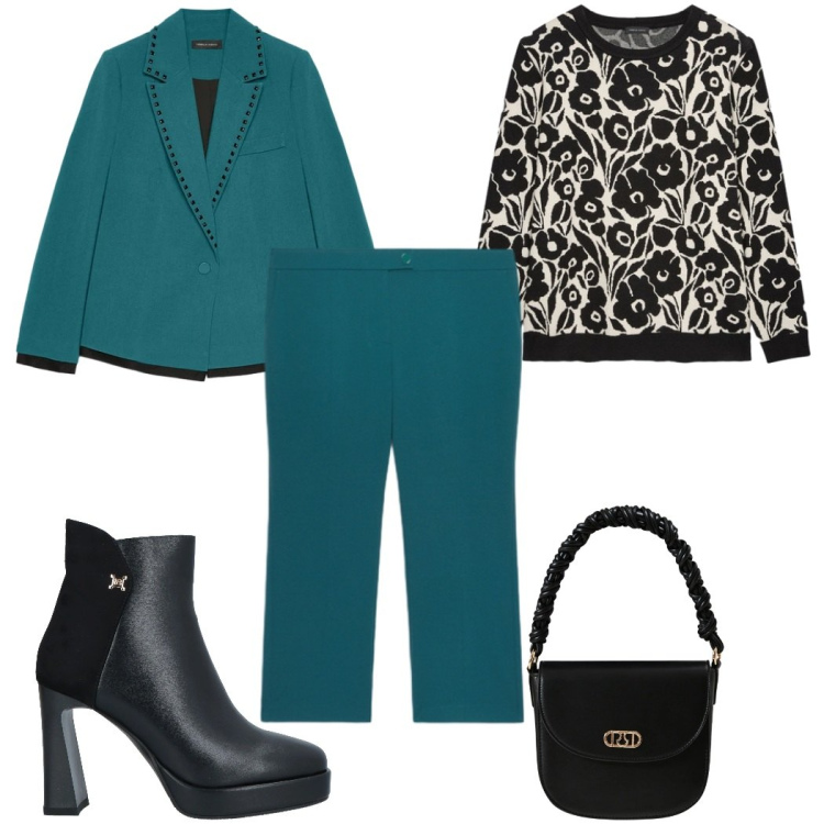Outfit donna - Total look #2307818. Stile Trendy per Tutti i giorni. Abbinamento con stivaletti, borse a mano, maglieria, pantaloni, blazer.
