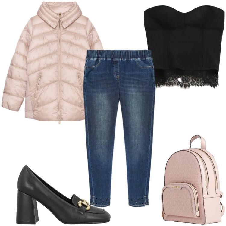 Outfit donna - Total look #2307819. Stile Casual chic per Tutti i giorni. Abbinamento con mocassini, zaini, top, jeggings, piumini.