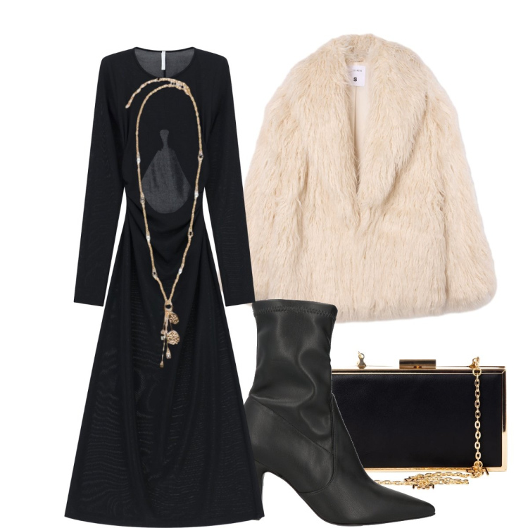 Outfit donna - Dettagli dai toni dorati. Stile Glamour per Serata fuori. Abbinamento con stivaletti, pochette, ecopellicce, vestiti lunghi, ciondoli.