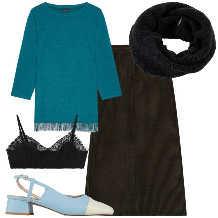 Outfit donna - Total look #2307824. Stile Chic per Ufficio. Abbinamento con décolleté, bralette, gonne lunghe, scaldacollo, bluse.