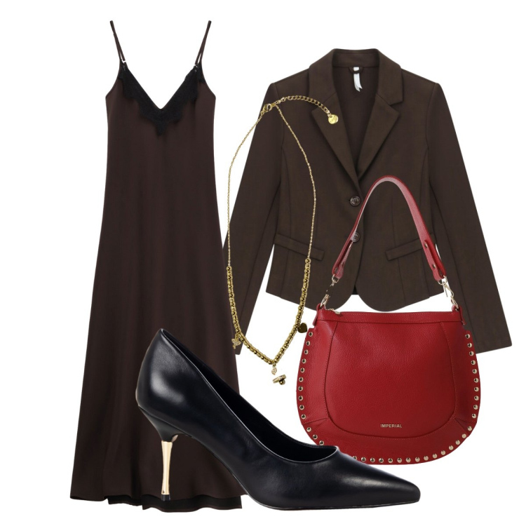 Outfit donna - Cenone fine dicembre. Stile Glamour per Serata fuori. Abbinamento con décolleté, vestiti lunghi, borse a spalla, blazer, ciondoli.