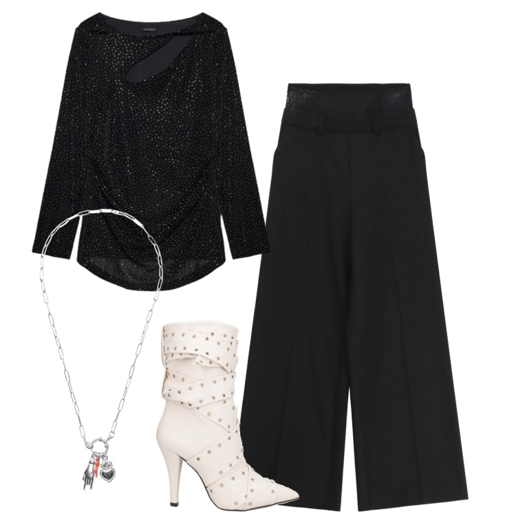 Outfit donna - Total look #2307829. Stile Glamour per Serata fuori. Abbinamento con stivaletti, pantaloni a palazzo, ciondoli, t-shirt.