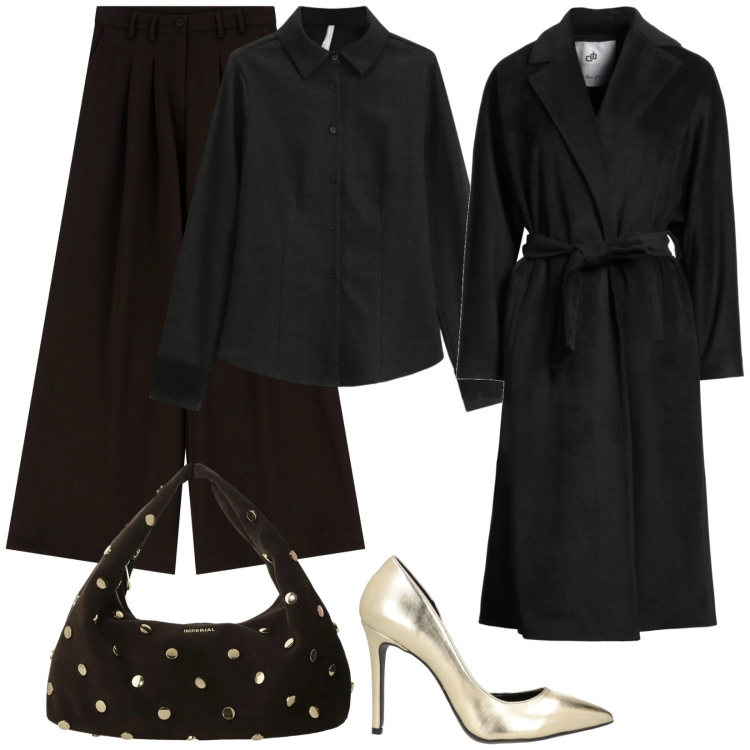 Outfit donna - Nero e Dorato. Stile Chic per Serata fuori. Abbinamento con cappotti, décolleté, pantaloni, borse a spalla, camicie.
