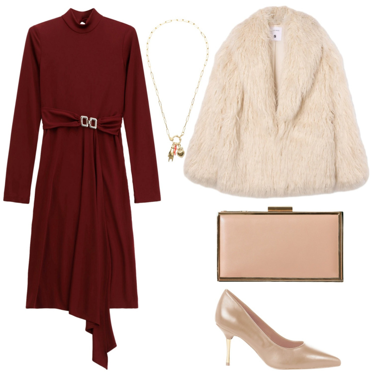 Outfit donna - Eleganza al cenone. Stile Chic per Serata fuori. Abbinamento con décolleté, pochette, ecopellicce, vestiti midi/longuette, ciondoli.