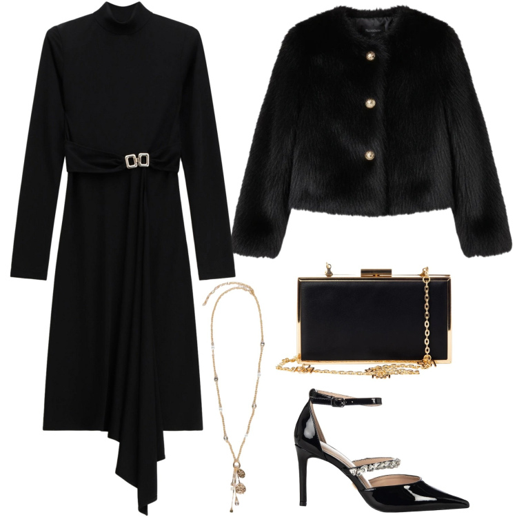 Outfit donna - Eleganza al cenone. Stile Chic per Serata fuori. Abbinamento con pochette, décolleté, ecopellicce, vestiti midi/longuette, ciondoli.