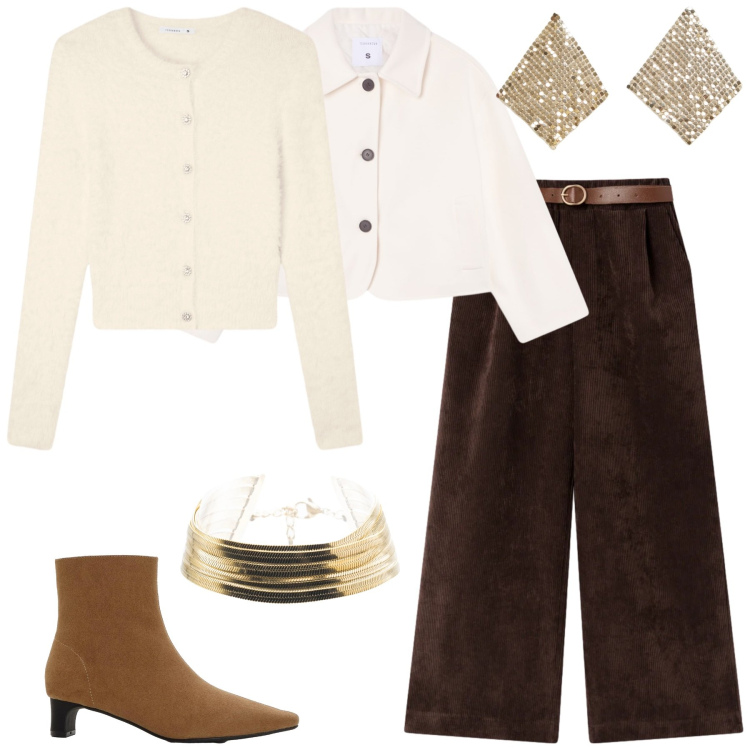 Outfit donna - Tocchi dorati. Stile Casual chic per Serata fuori. Abbinamento con stivaletti, orecchini, pantaloni, cardigans, blazer, braccialetti.