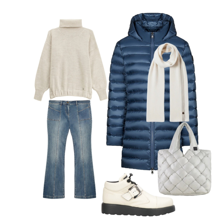 Outfit donna - Inverno. Abbinamento con stivaletti, maglieria, sciarpe, piumini, borse tote, jeans.