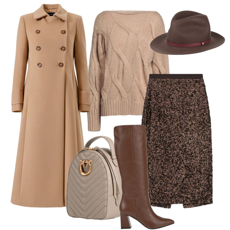 Outfit donna - Riflessi mix & match. Stile Casual chic per Tutti i giorni. Abbinamento con cappelli, stivali, pullovers, zaini, cappotti, gonne longuette.