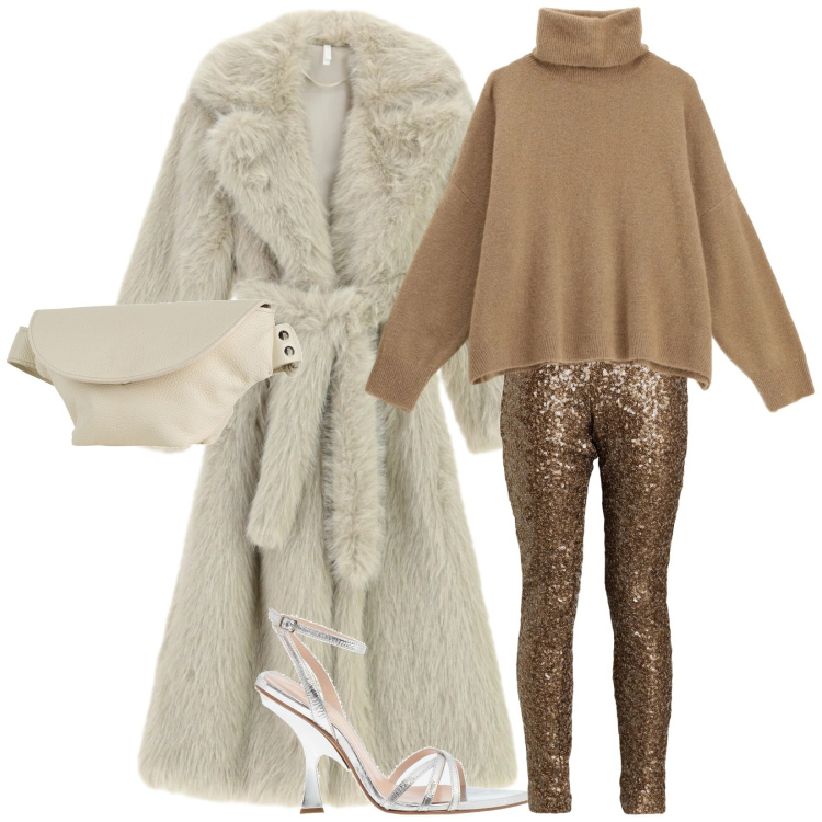 Outfit donna - Anni 80. Stile Trendy per Serata fuori. Abbinamento con pantaloni, sandali in pelle, marsupi, maglieria, cappotti.