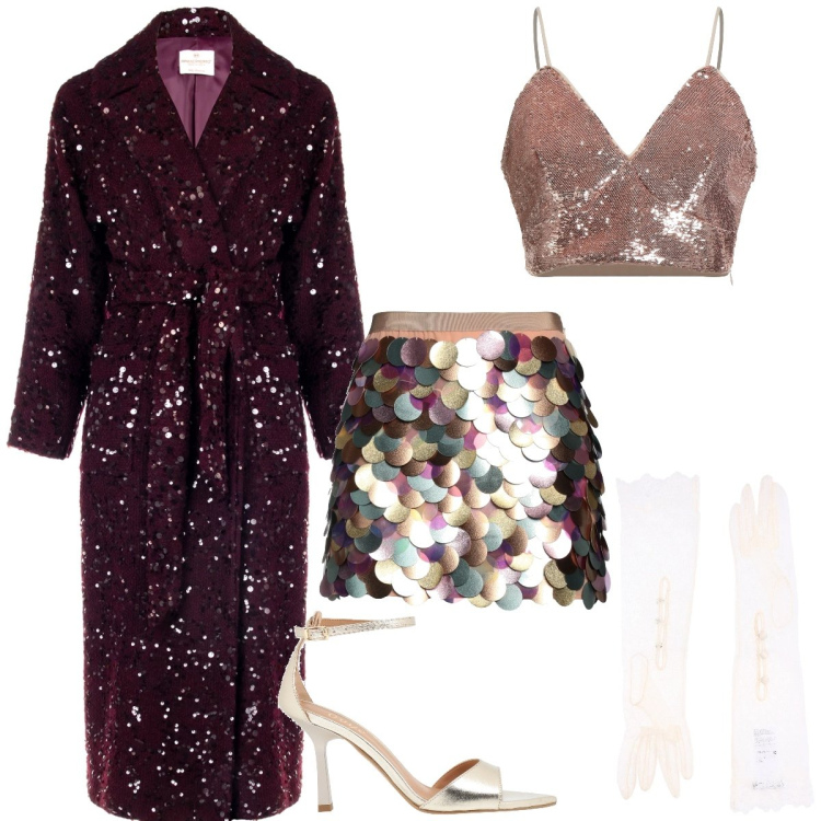 Outfit donna - Total look #2307891. Stile Glamour per Serata fuori. Abbinamento con guanti, sandali in pelle, minigonne, top, cappotti.