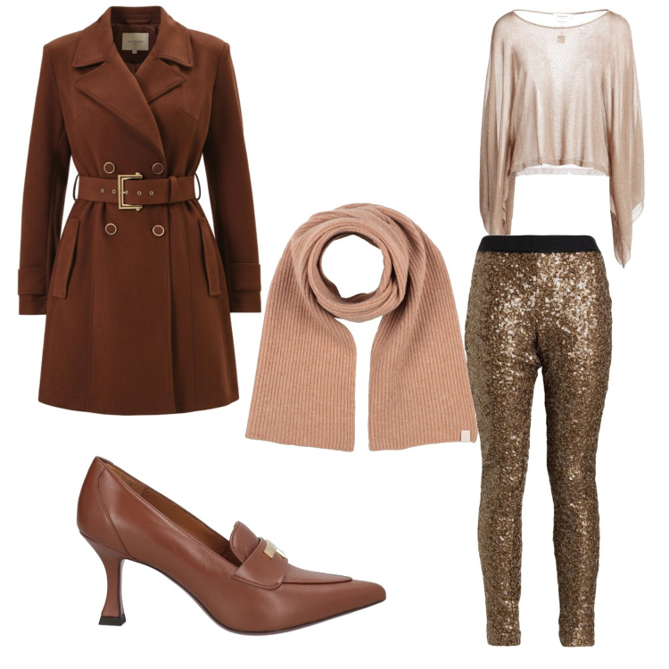 Outfit donna - I leggins scintillanti. Stile Glamour per Serata fuori. Abbinamento con pullovers, pantaloni, décolleté, sciarpe, trench.