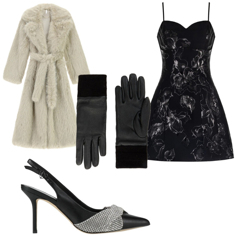 Outfit donna - Raffinata a Capodanno. Stile Glamour per Serata fuori. Abbinamento con décolleté, guanti, vestiti corti, cappotti.