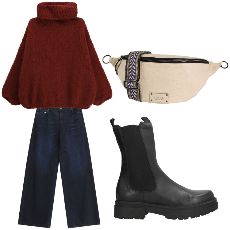 Outfit donna - Aperitivo. Stile Trendy per Tutti i giorni. Abbinamento con marsupi, stivaletti, maglieria, jeans.