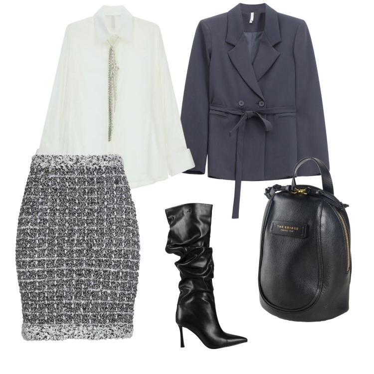 Outfit donna - Dall\' lavoro alla cena. per Serata fuori. Abbinamento con stivali, zaini, minigonne, camicie, blazer.