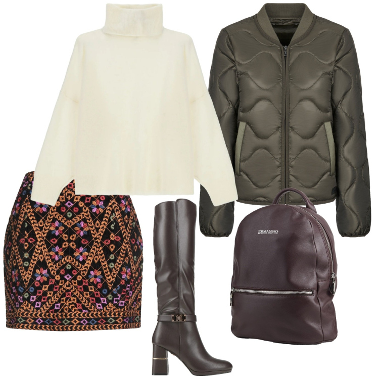 Outfit donna - Con Lucia. per Tutti i giorni. Abbinamento con stivali, minigonne, zaini, maglieria, blazer.