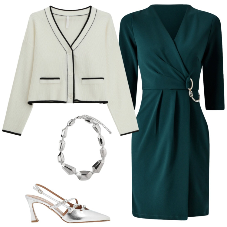 Outfit donna - Verde e argento. Stile Chic per Serata fuori. Abbinamento con décolleté, vestiti corti, cardigans, ciondoli.
