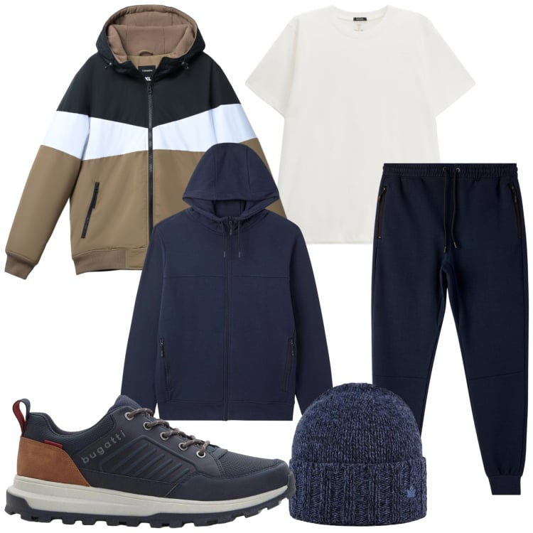 Outfit uomo - Brrr freddo. Stile Casual per Tutti i giorni. Abbinamento con sneakers, piumini, felpe con cappuccio, pantaloni sportivi, t-shirt, cappelli.