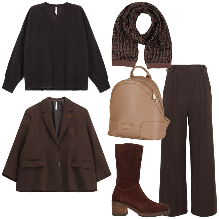 Outfit donna - Il pantalone marrone. Stile Casual chic per Tutti i giorni. Abbinamento con zaini, pantaloni, stivali, sciarpe, maglieria, blazer.