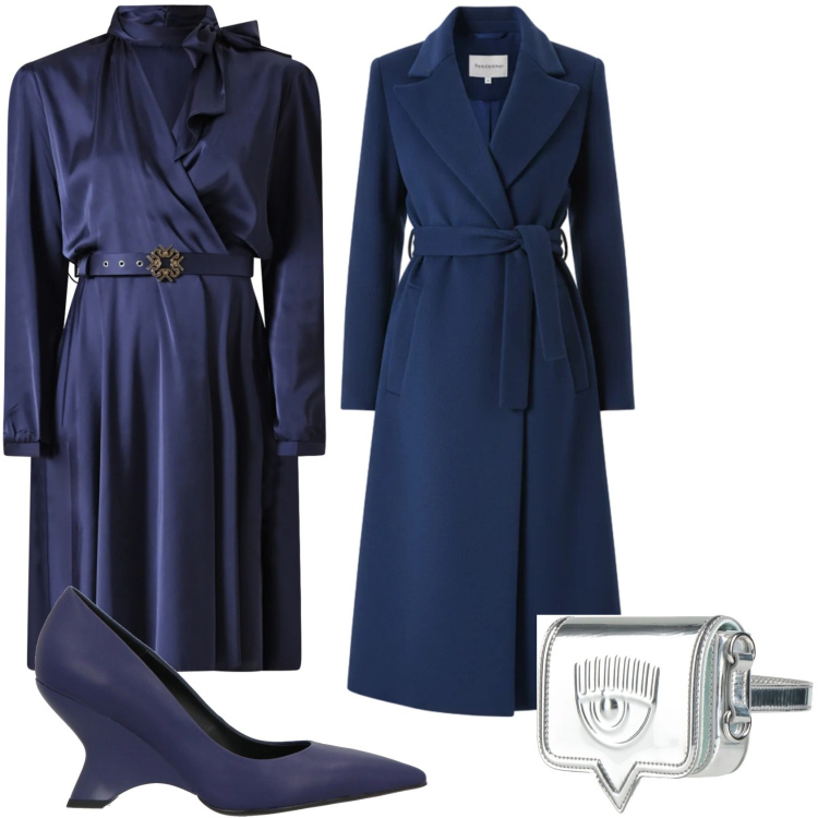Outfit donna - Blu in serata. Stile Glamour per Serata fuori. Abbinamento con marsupi, décolleté, vestiti corti, cappotti.