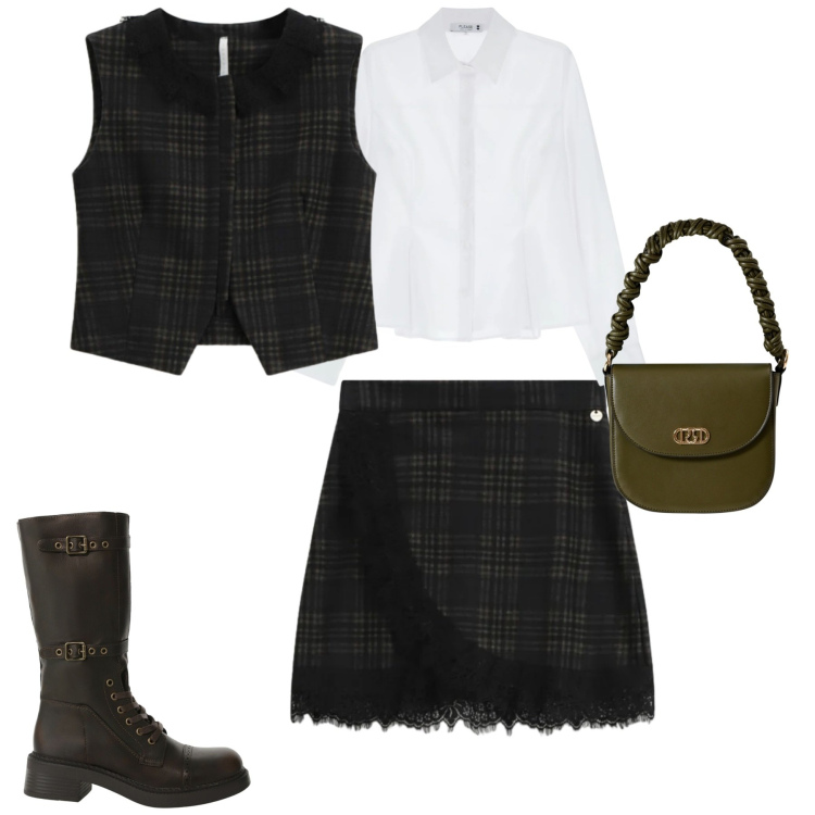 Outfit donna - City. Stile Urban per Tutti i giorni. Abbinamento con camicie, borse a mano, minigonne, stivali, gilet.