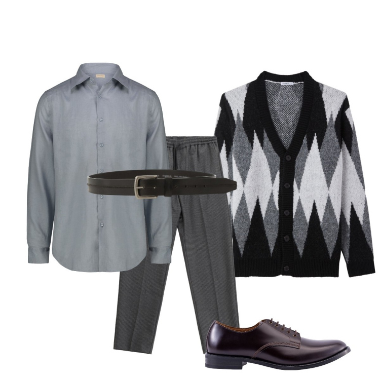 Outfit uomo - Classico grigio. Stile Trendy per Tutti i giorni. Abbinamento con cardigans, pantaloni, cinture, scarpe stringate, camicie.
