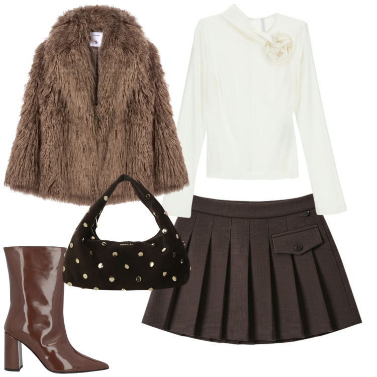 Outfit donna - City. Stile Trendy per Tutti i giorni. Abbinamento con stivaletti, minigonne, ecopellicce, t-shirt, borse a spalla.