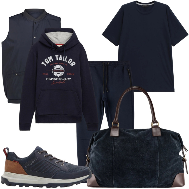Outfit uomo - Sport in blu. Stile Casual per Sport. Abbinamento con sneakers, felpe con cappuccio, pantaloni sportivi, t-shirt, borse sportive, piumini.