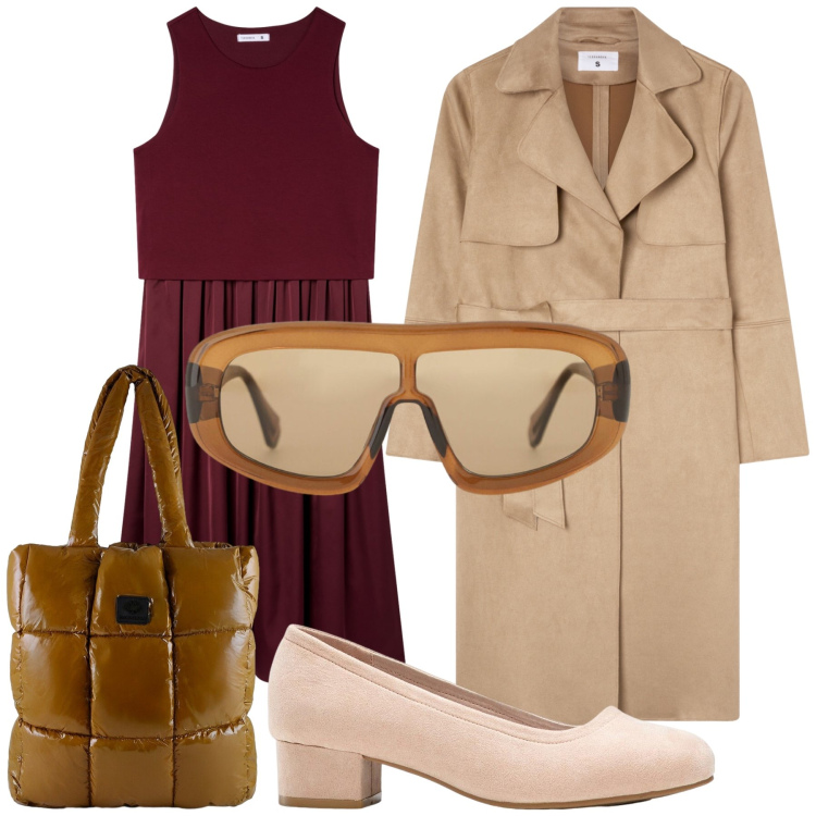 Outfit donna - Ufficio. Stile Basic per Ufficio. Abbinamento con décolleté, vestiti midi/longuette, trench, occhiali da sole, shopping bag.
