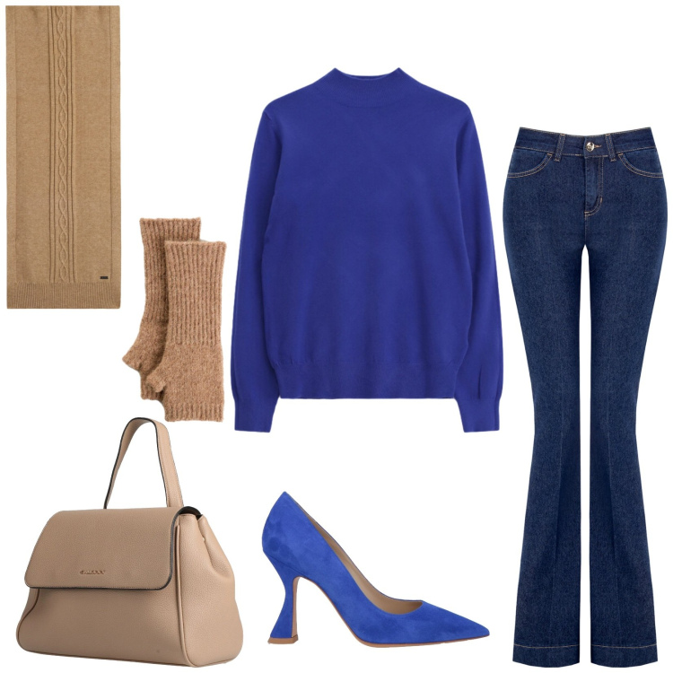 Outfit donna - Total look #2307992. Stile Chic per Tutti i giorni. Abbinamento con guanti, zaini, décolleté, jeans a zampa, maglieria, sciarpe.