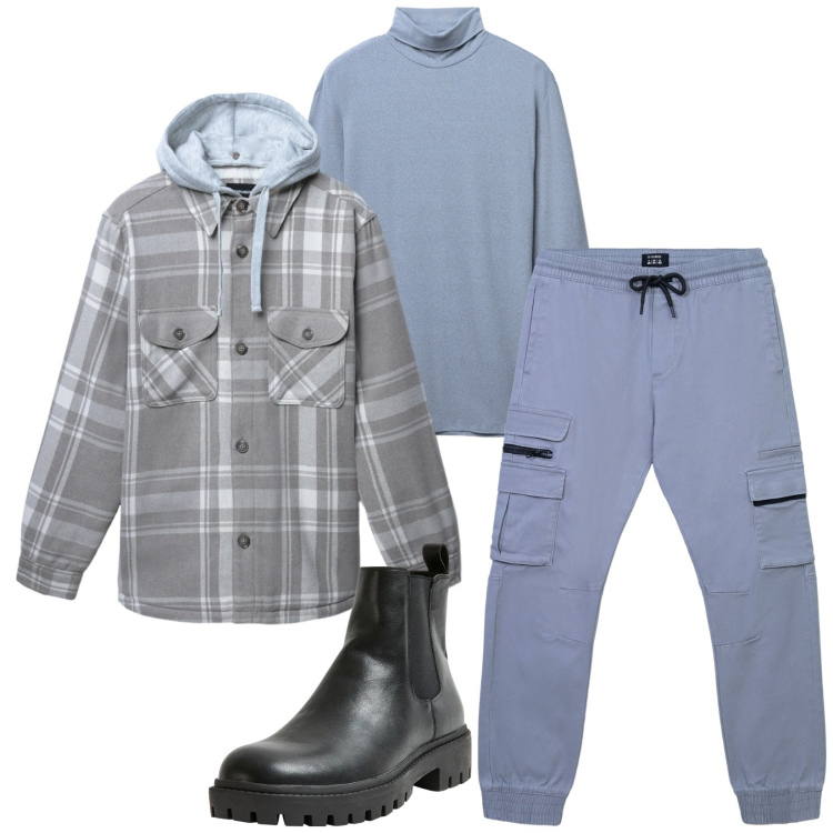 Outfit uomo - Total look #2308001. Stile Trendy per Tutti i giorni. Abbinamento con pantaloni cargo, t-shirt, cappotti, stivali e stivaletti.