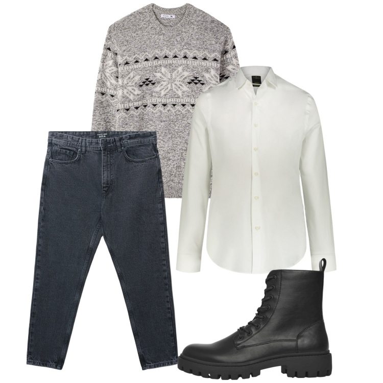 Outfit uomo - Total look #2308004. Stile Trendy per Tutti i giorni. Abbinamento con anfibi, jeans strappati, maglieria, camicie.