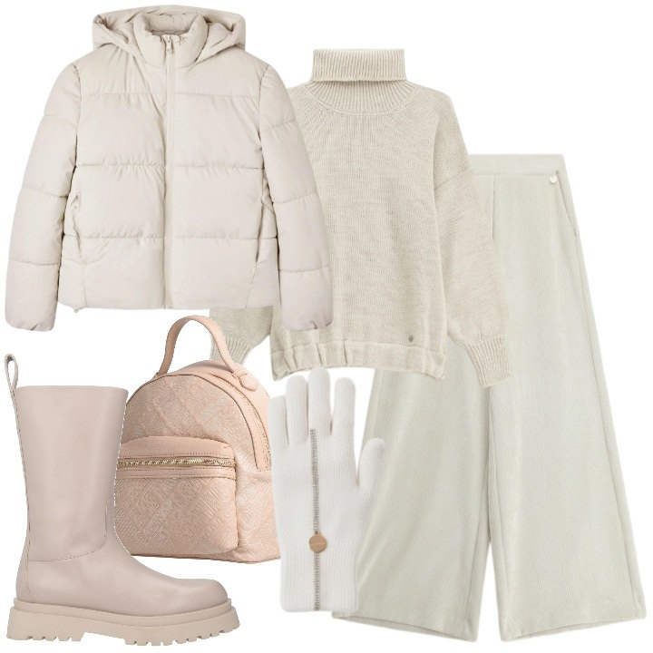 Outfit donna - Casula chiaro. Stile Casual chic per Tutti i giorni. Abbinamento con stivali, zaini, maglieria, guanti, bomber, pantaloni a palazzo.