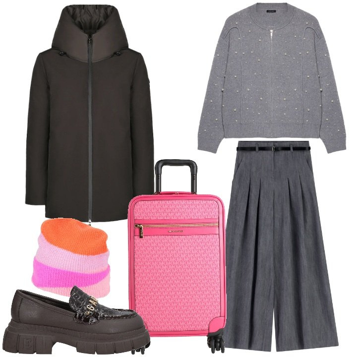 Outfit donna - Partenze chic. Stile Chic per Tutti i giorni. Abbinamento con cappelli, valigie, mocassini, pantaloni a palazzo, eskimo, cardigans.