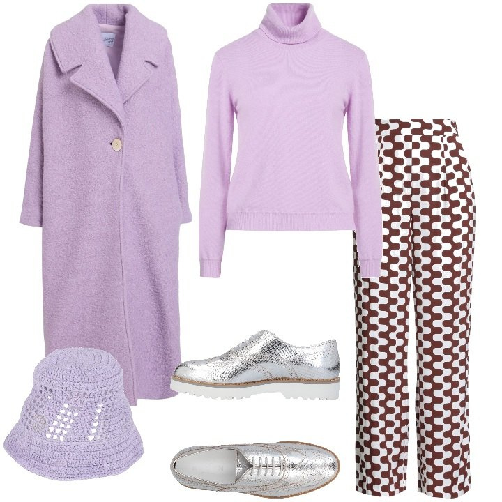 Outfit donna - Il lilla festoso. Stile Chic per Tutti i giorni. Abbinamento con scarpe stringate, cappelli, cappotti, maglieria, pantaloni.