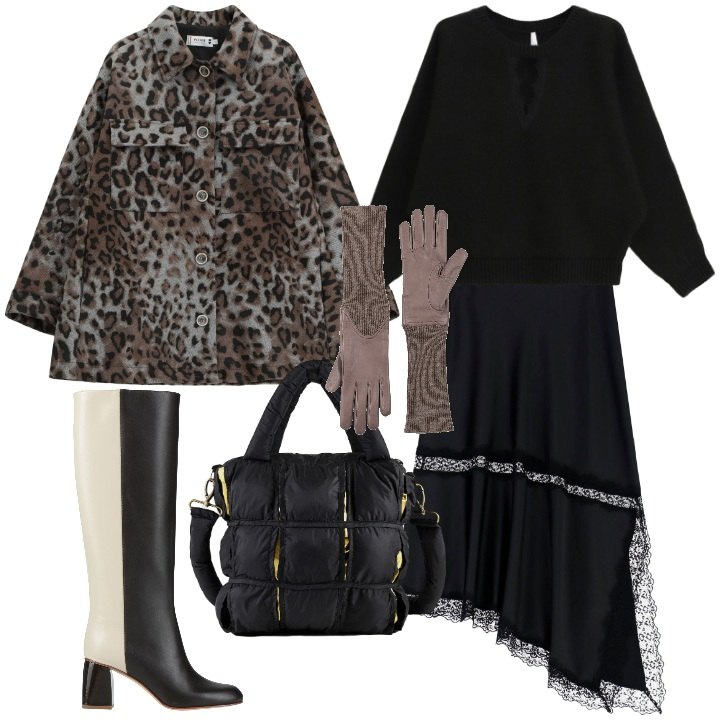 Outfit donna - Eleganza per uscite di buon augurio. Stile Trendy per Serata fuori. Abbinamento con guanti, stivali, cappotti, gonne lunghe, maglieria, borse a mano.