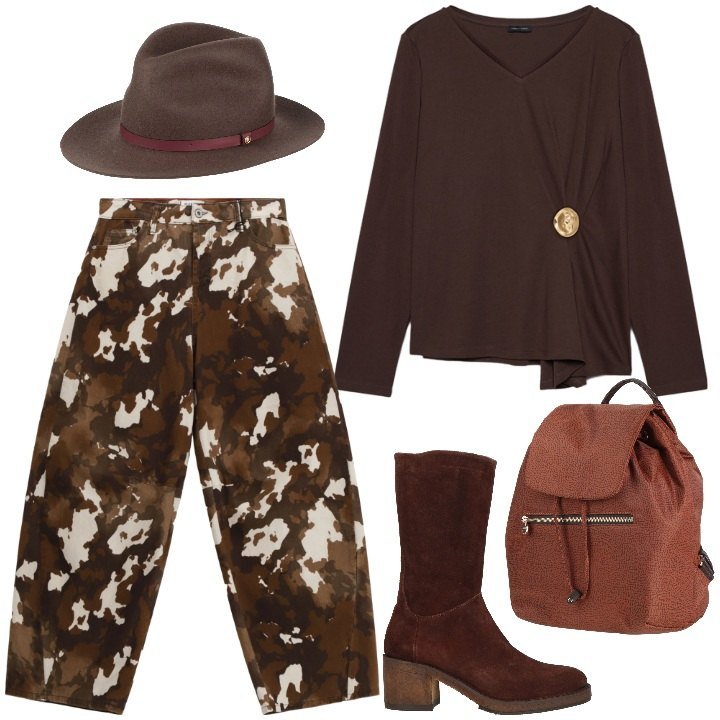 Outfit donna - Chocolate glamour. Stile Glamour per Serata fuori. Abbinamento con cappelli, zaini, stivali, pantaloni a palazzo, t-shirt.