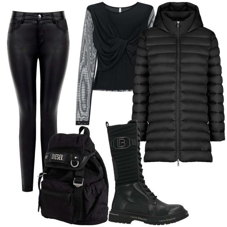 Outfit donna - Rock tutti i giorni. Stile Rock per Tutti i giorni. Abbinamento con stivali, zaini, pantaloni skinny, top, piumini.