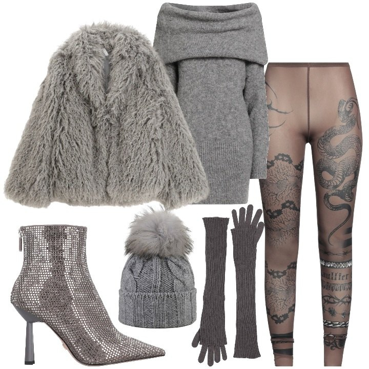 Outfit donna - Brindando in piazza. Stile Sexy per Serata fuori. Abbinamento con leggings, stivaletti, maglieria, guanti, ecopellicce, berretti.