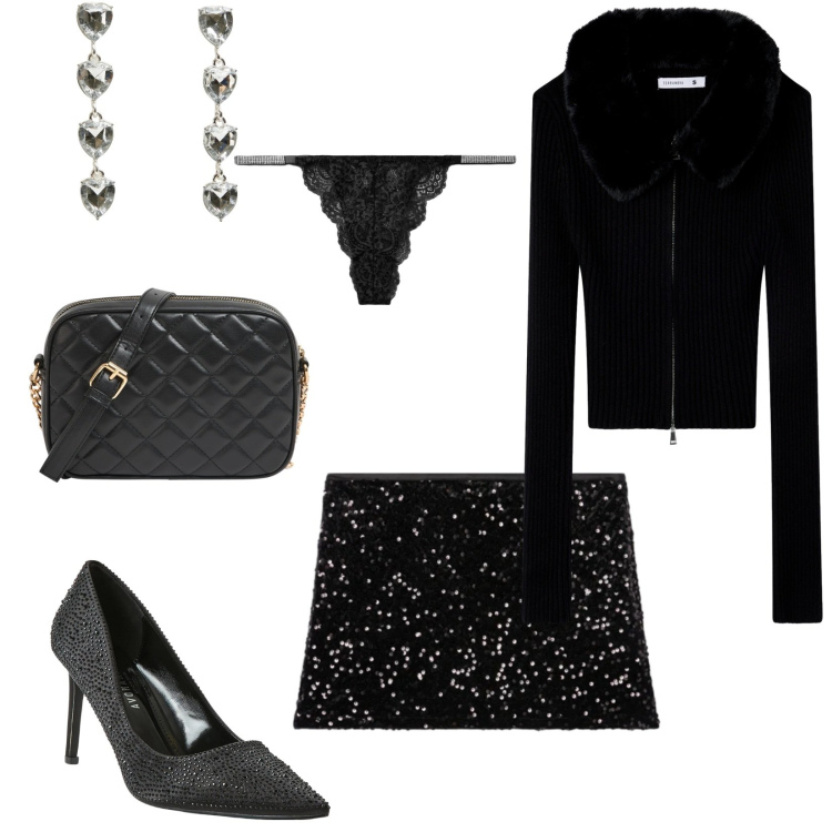 Outfit donna - Total look #2308029. Stile Glamour per Serata fuori. Abbinamento con minigonne, décolleté, borse a tracolla, orecchini, culotte, cardigans.