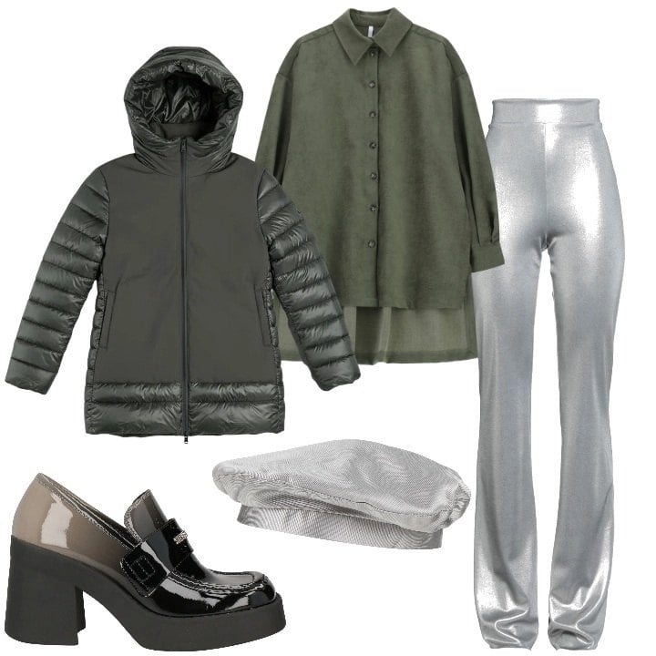 Outfit donna - Leggins luminosi. Stile Glamour per Serata fuori. Abbinamento con leggings, cappelli e berretti, mocassini, camicie, piumini.