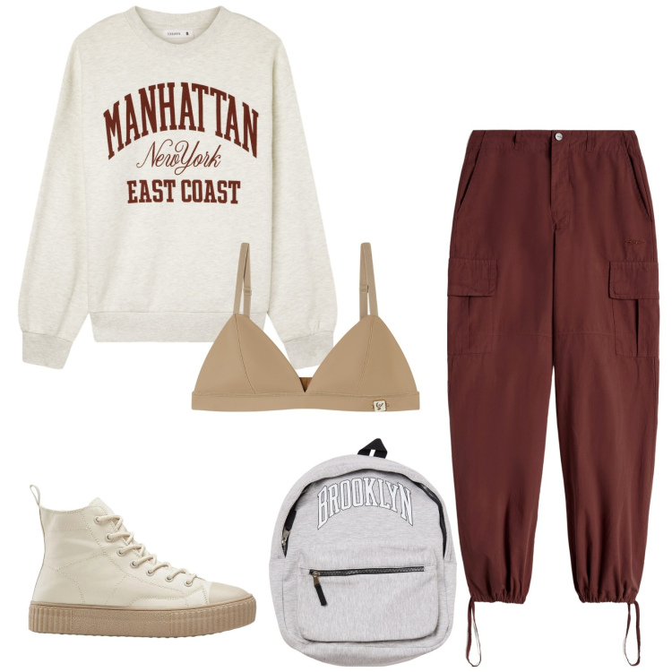 Outfit donna - Total look #2308031. Stile Sporty chic per Sport. Abbinamento con sneakers alte, felpe, borse sportive, pantaloni cargo, reggiseni.