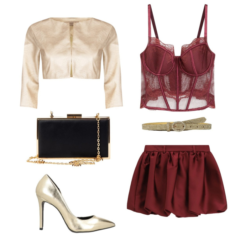 Outfit donna - Notte di capodanno. Stile Glamour per Serata fuori. Abbinamento con bralette, décolleté, bolero, pochette, cinture, minigonne.