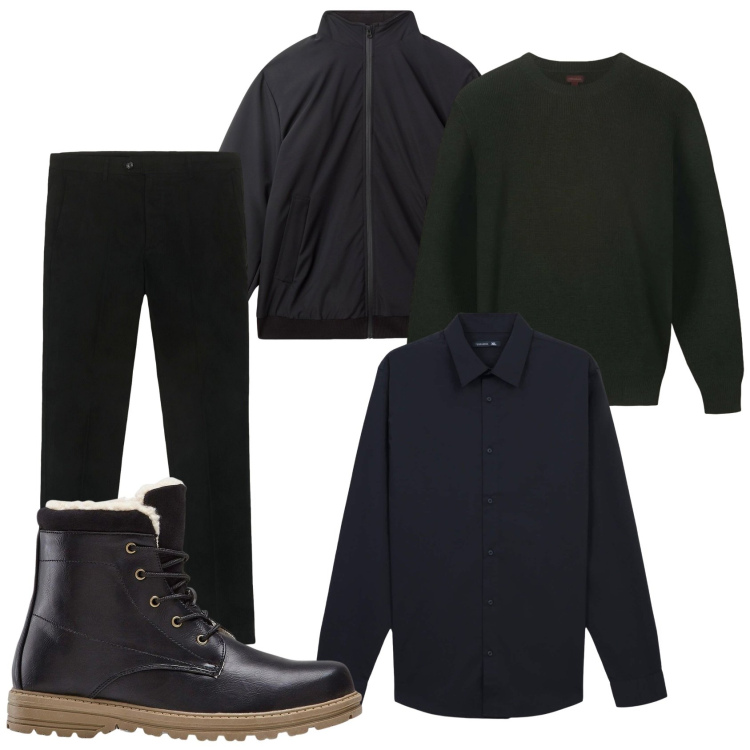 Outfit uomo - Total black. Stile Urban per Tutti i giorni. Abbinamento con stivali e stivaletti, camicie, giacche, pantaloni chino, maglieria.