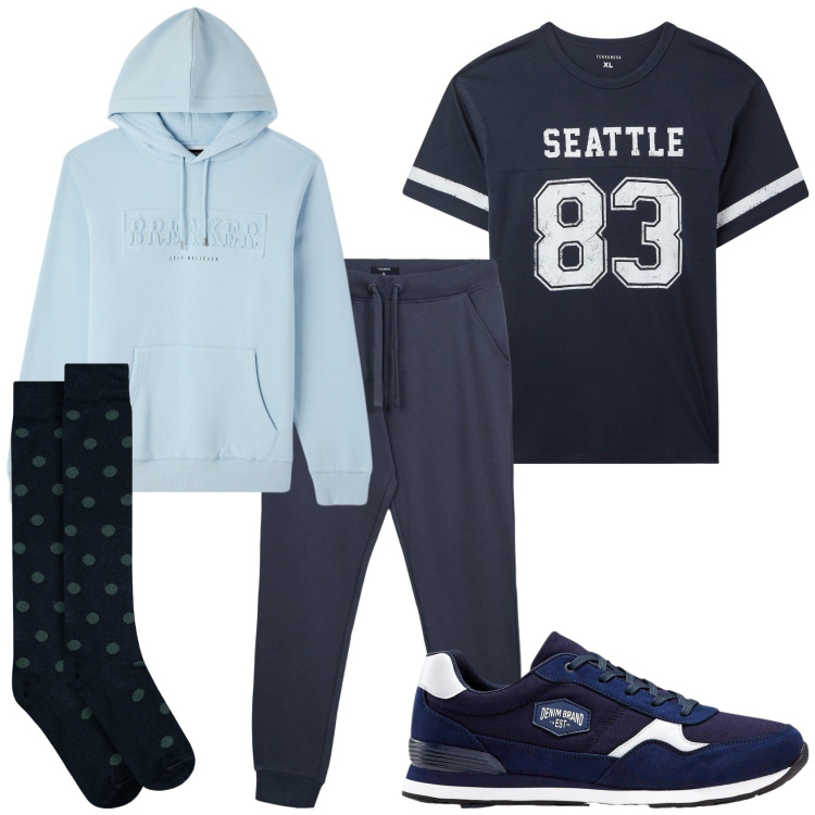 Outfit uomo - Total blu. Stile Casual per Sport. Abbinamento con sneakers, t-shirt, felpe con cappuccio, pantaloni sportivi, calzini.