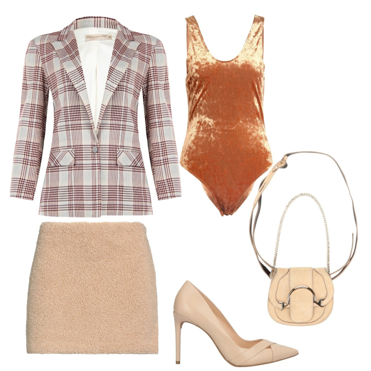 Outfit donna - Total look #2308042. Stile Chic per Cerimonia. Abbinamento con marsupi, décolleté, minigonne, body, blazer.