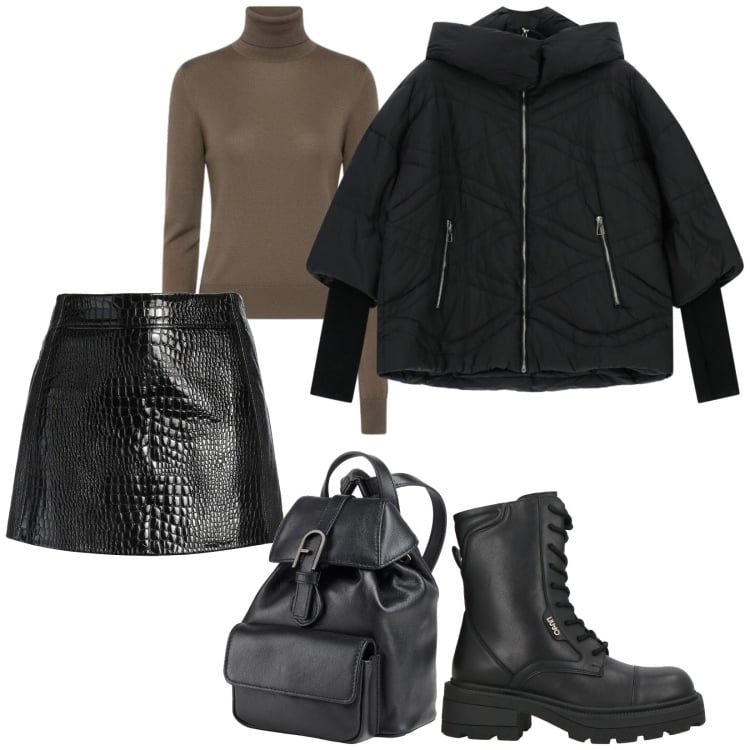Outfit donna - Minigonna in Pelle. Stile Rock per Serata fuori. Abbinamento con minigonne, zaini, anfibi, bomber, maglieria.