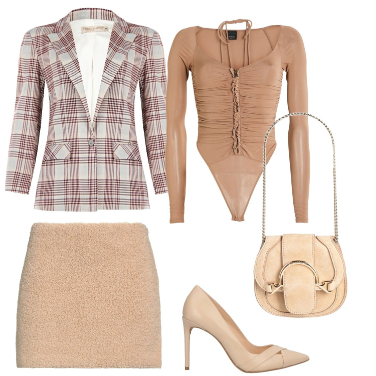 Outfit donna - Variazione su tema outfit precedente. Stile Glamour per Ufficio. Abbinamento con marsupi, décolleté, minigonne, body, blazer.