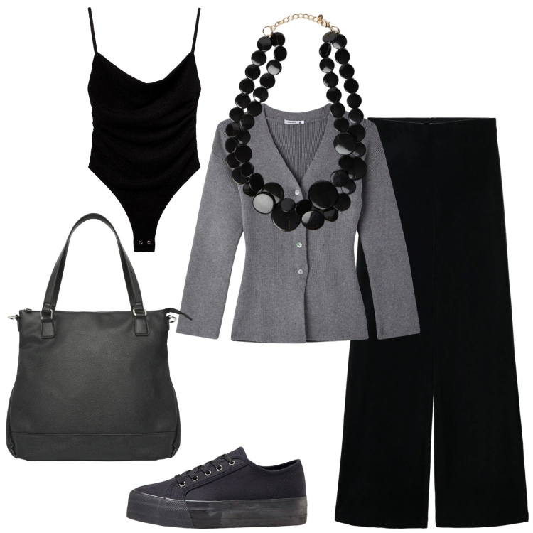 Outfit donna - Total look #2308051. Stile Military per Tutti i giorni. Abbinamento con sneakers, pantaloni, cardigans, shopping bag, body, collane.